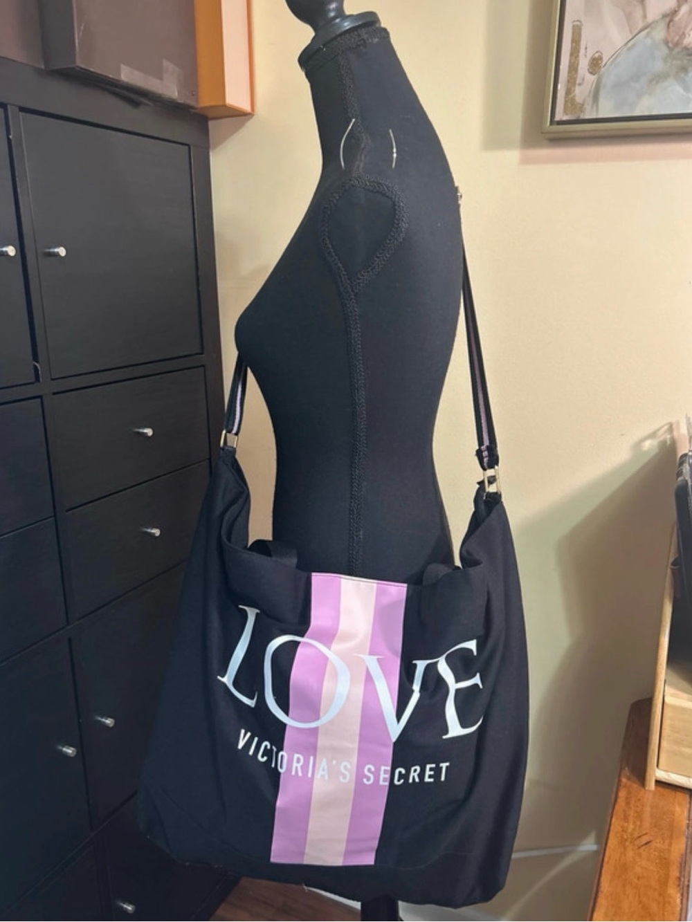 Victoria's Secret LOVE Black Shoulder Tote with Pink Stripe